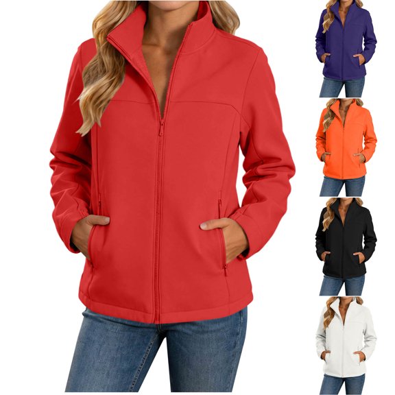 Fengqque Women’s Softshell Full Zip Jacket, Stand Collar Long Sleeve Windproof Casual Outer Coat with Zipper Pockets Lightweight Outdoor Jacket for Fall Winter White