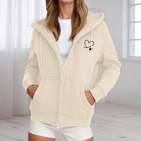 Jacket Women Zip Up Hooded Hoodie Winter Warm Soft Thermal Jackets Coats Outdoor Sports Pullover with Pockets Winter Coats for Women Beige L