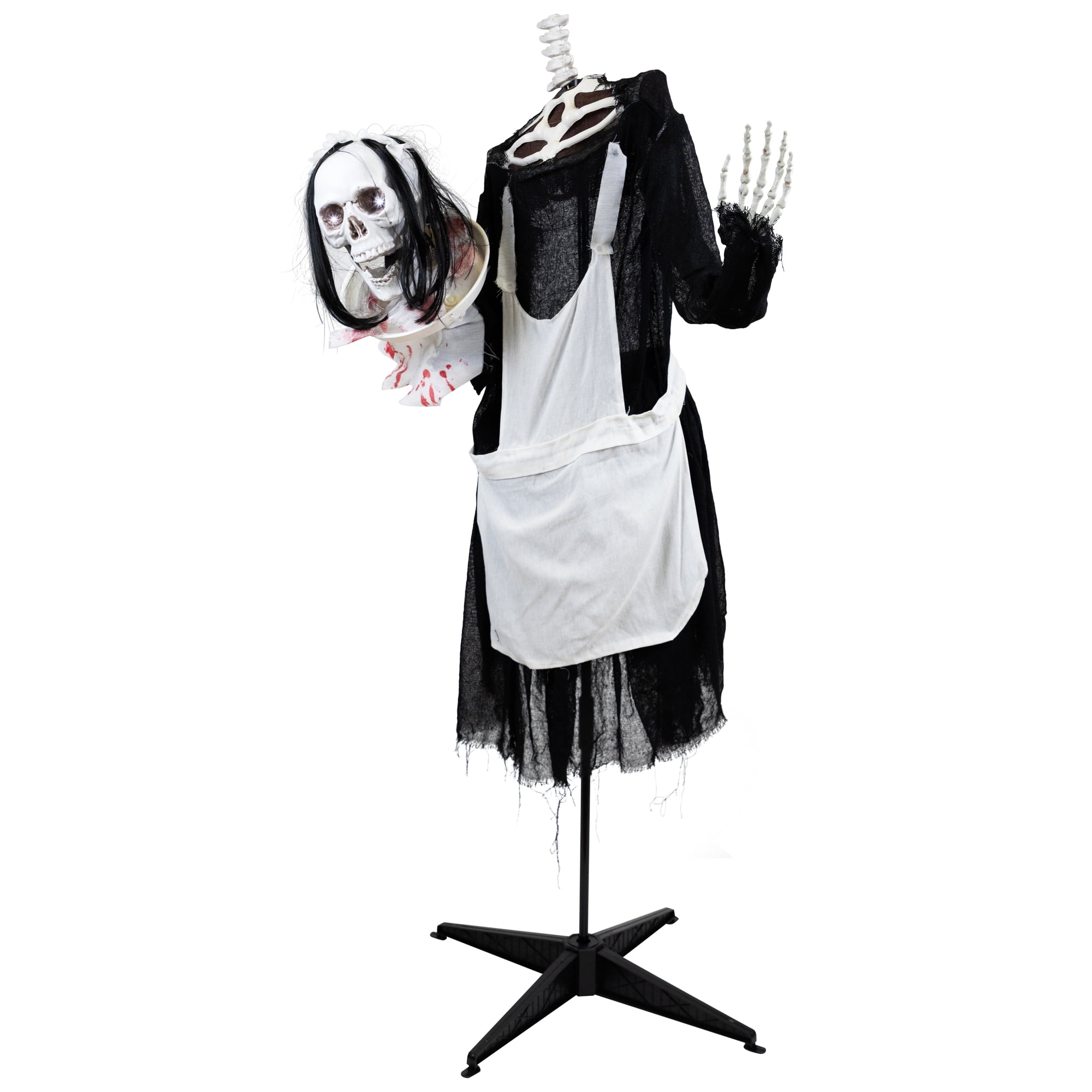 57" Animated LED Lighted Head-in-Hand Skeleton Maid Halloween Decoration