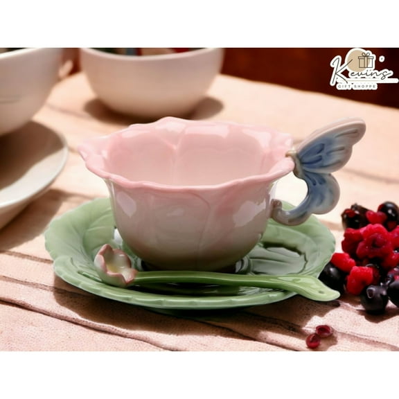 Ceramic Rose Butterfly Cup Saucer Spoon Set  Mom