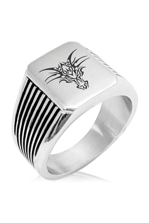 Stainless Steel Oriental Dark Dragon Needle Stripe Pattern Biker Style Polished Ring
