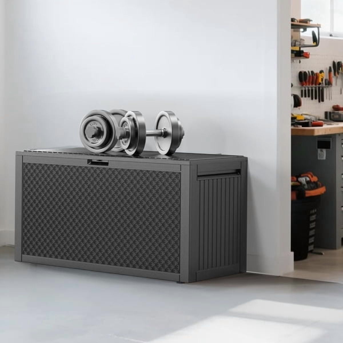 90gal Outdoor Garden Plastic Storage Deck Box Chest Tools Cushions Toys Lockable Seat
