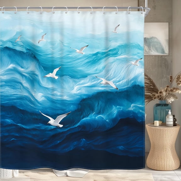 Blue Ocean Seagull Shower Curtain for Bathroom Coastal Wave Fabric Shower Curtains with Hooks 71x71 inches