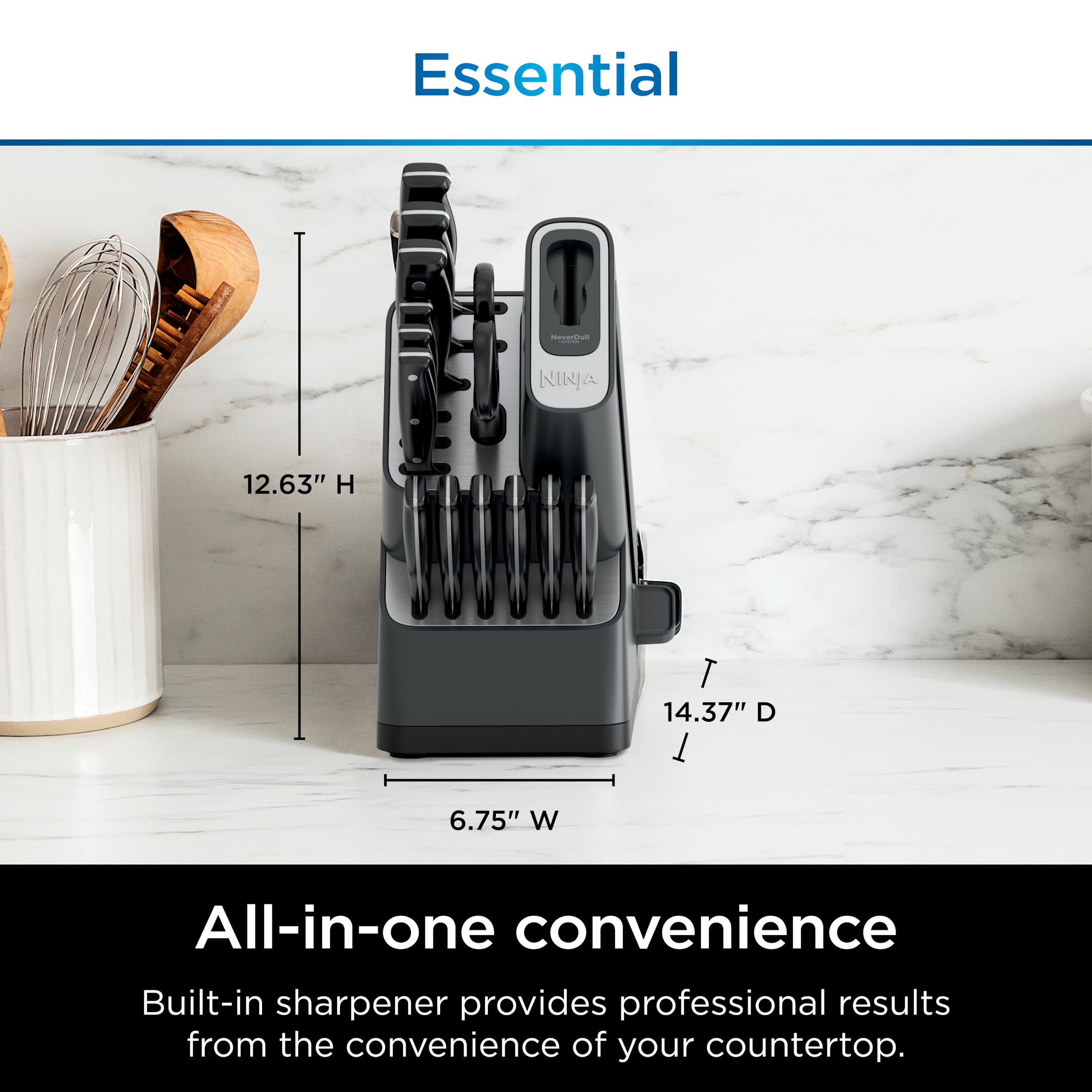 Ninja NeverDull Essential 14-Piece Knife System with Built-In Sharpener, Stain & Rust Resistant, K12014, Black