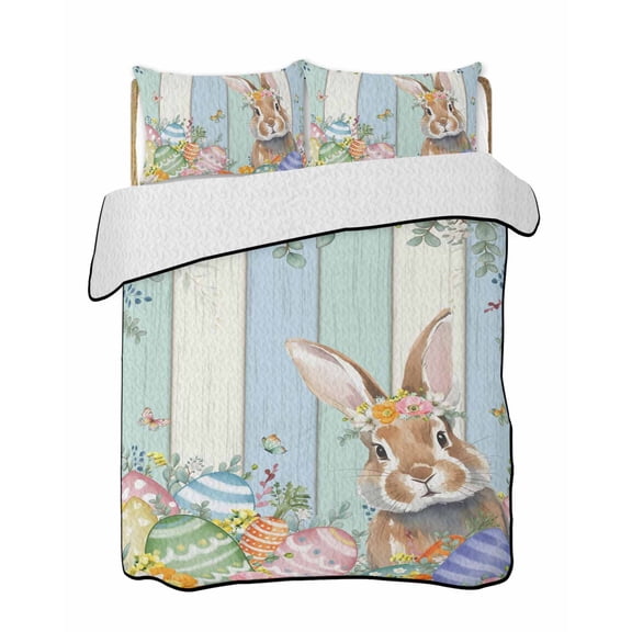 Quilt King Size Bedding Set, Easter Reversible Summer Quilt 3 Pieces, Spring Bunny Colorful Floral Eggs Wooden Plank Lightweight Bedspreads Coverlets with 2 Pillow Shams for All Seasons