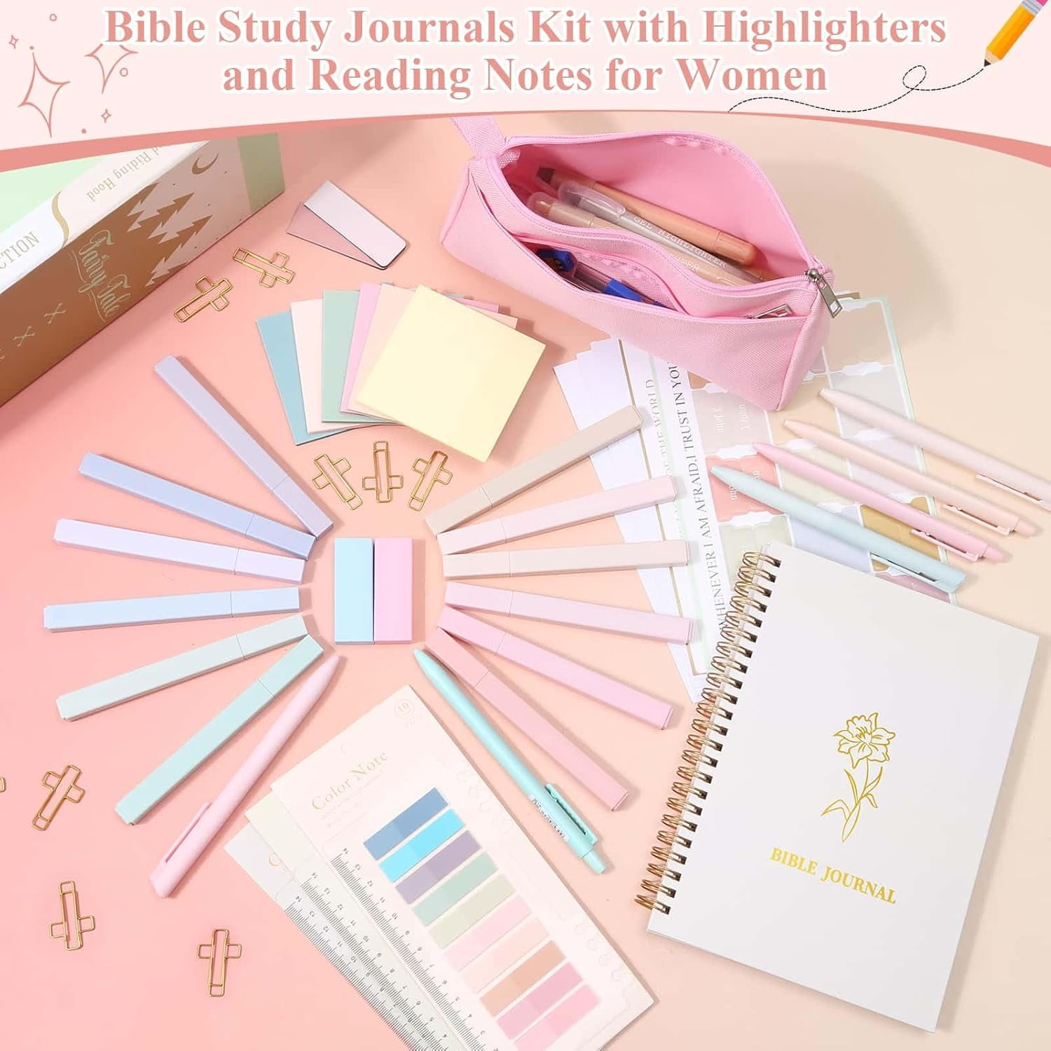 106 Pack Bible Study Supplies Journaling Kit for Women, Church Journal Note Taking Annotation Kit, Tabs and Highlighters Set with Pencil Case and More Bible Accessories Christian Gift