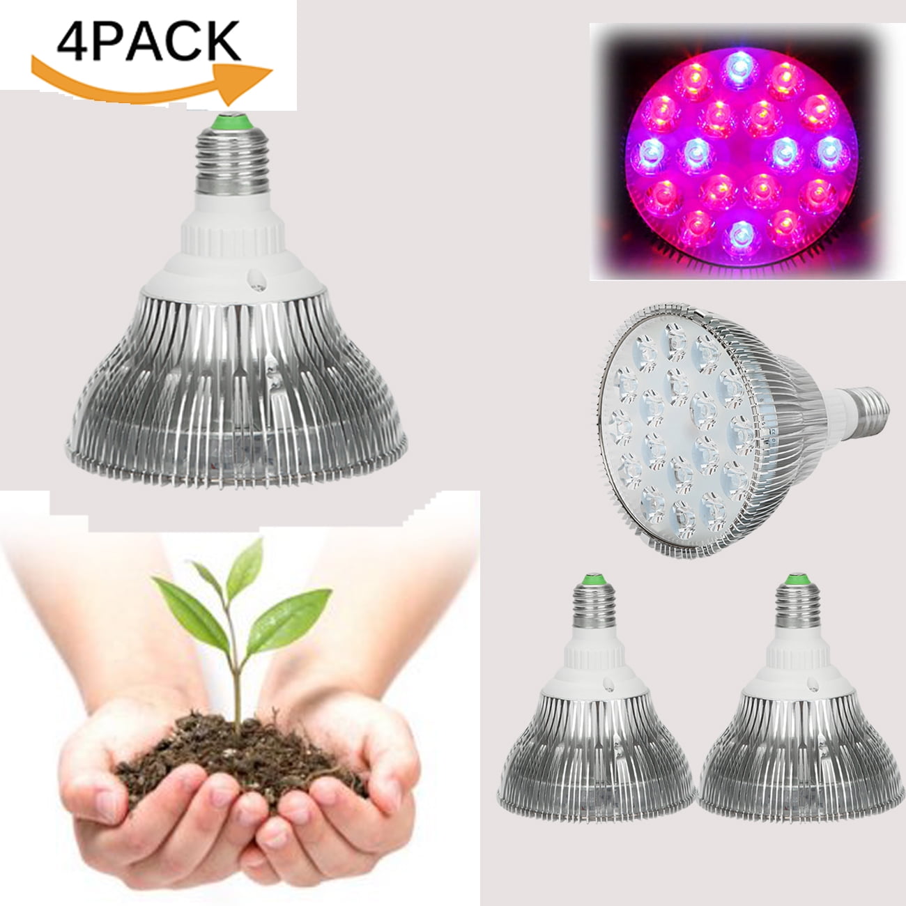 LED Grow Light Bulbs Kit 4PACK, BEAMNOVA 54W E27 LED Growing Lights