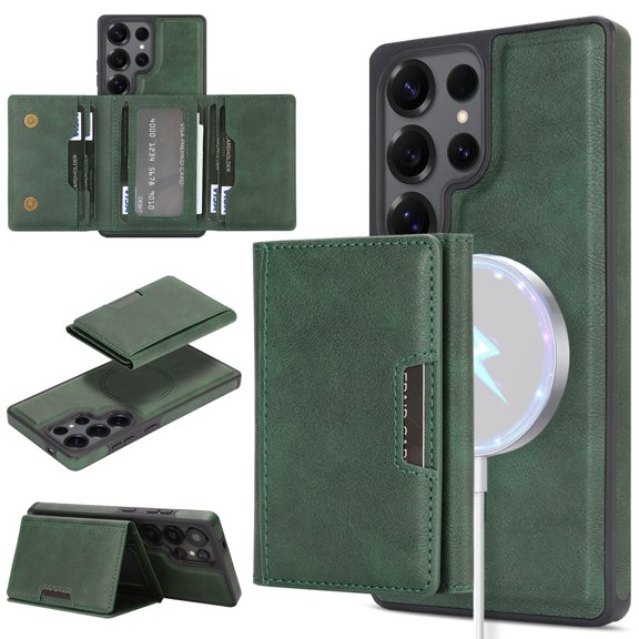 Designed for Samsung Galaxy S23 Plus Wallet Case,2-in-1 Magnetic Detachable Card Holder,Compatible with Mag-safe,With Kickstand,PU Leather Anti-Scratch Shockproof Rugged Phone Case,Green