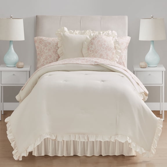Mainstays Reversible 8-Piece Bed-in-a-Bag Comforter and Sheet Set, Twin/Twin-XL, Cream Ruffle
