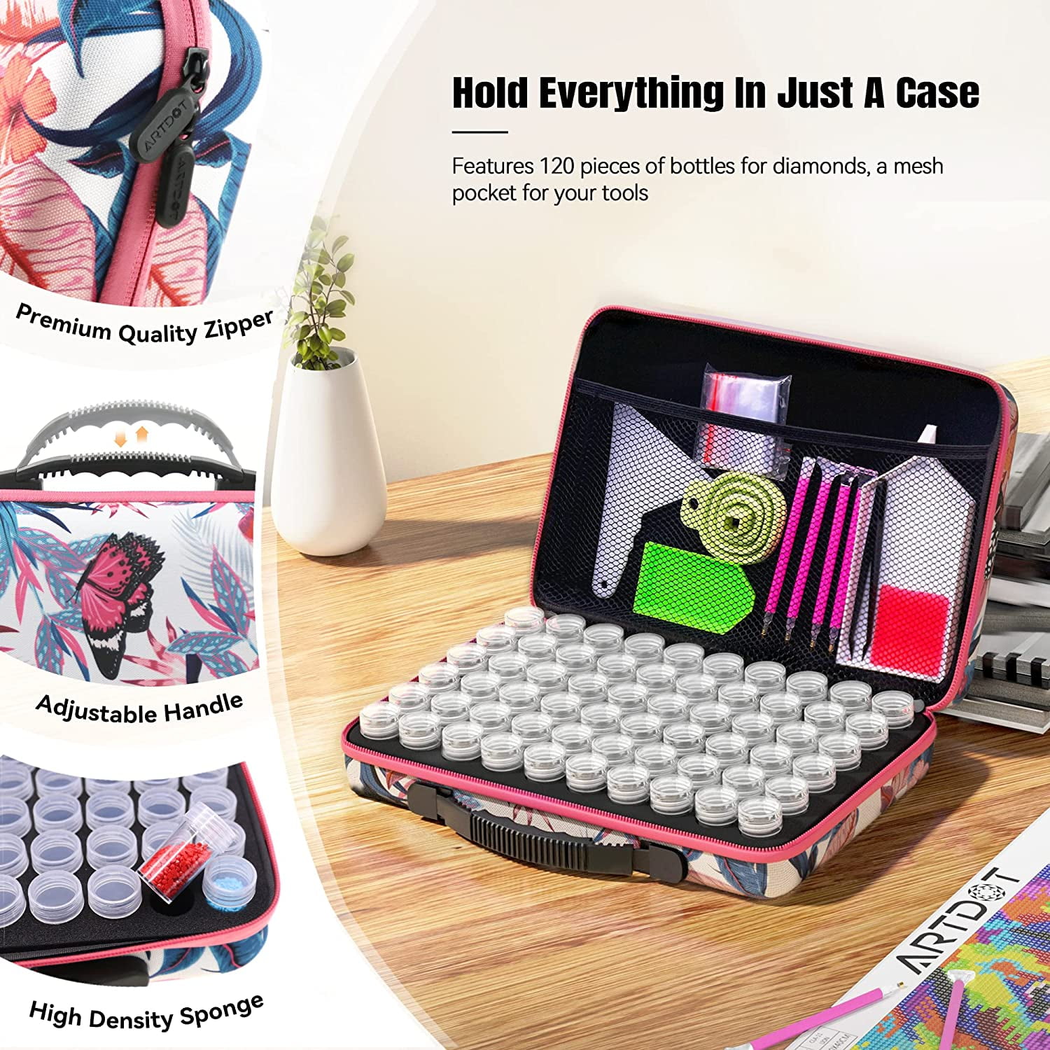 ARTDOT 60 Slot Medium Diamond Painting Bead Storage Organizer, Plastic Container Case for Crafts and Drill Supplies （Pink Case）