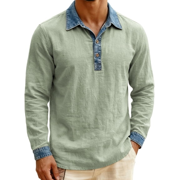 Mens Polos Shirt Long Sleeve Button Tee Shirt Loose Fit Green Tee Shirts for Men