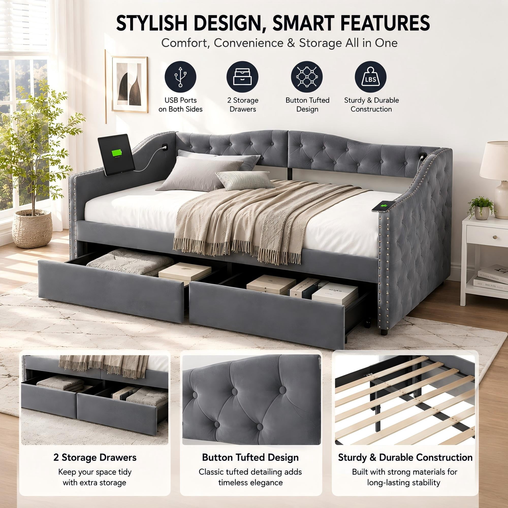 Aukfa Twin Size Upholstered Daybed with 2 Storage Drawers and Charging Station, Velvet Bed Frame with Button-Tufted & Nailhead Trim, Gray