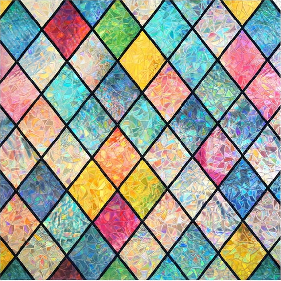 Stained Glass Window Film, Rainbow Window Privacy Film, Decorative Sun Blocking Glass Clings Stickers, Static Cling Colorful Lattice Coverings Decals for Home Door 17.5" x 78.7"