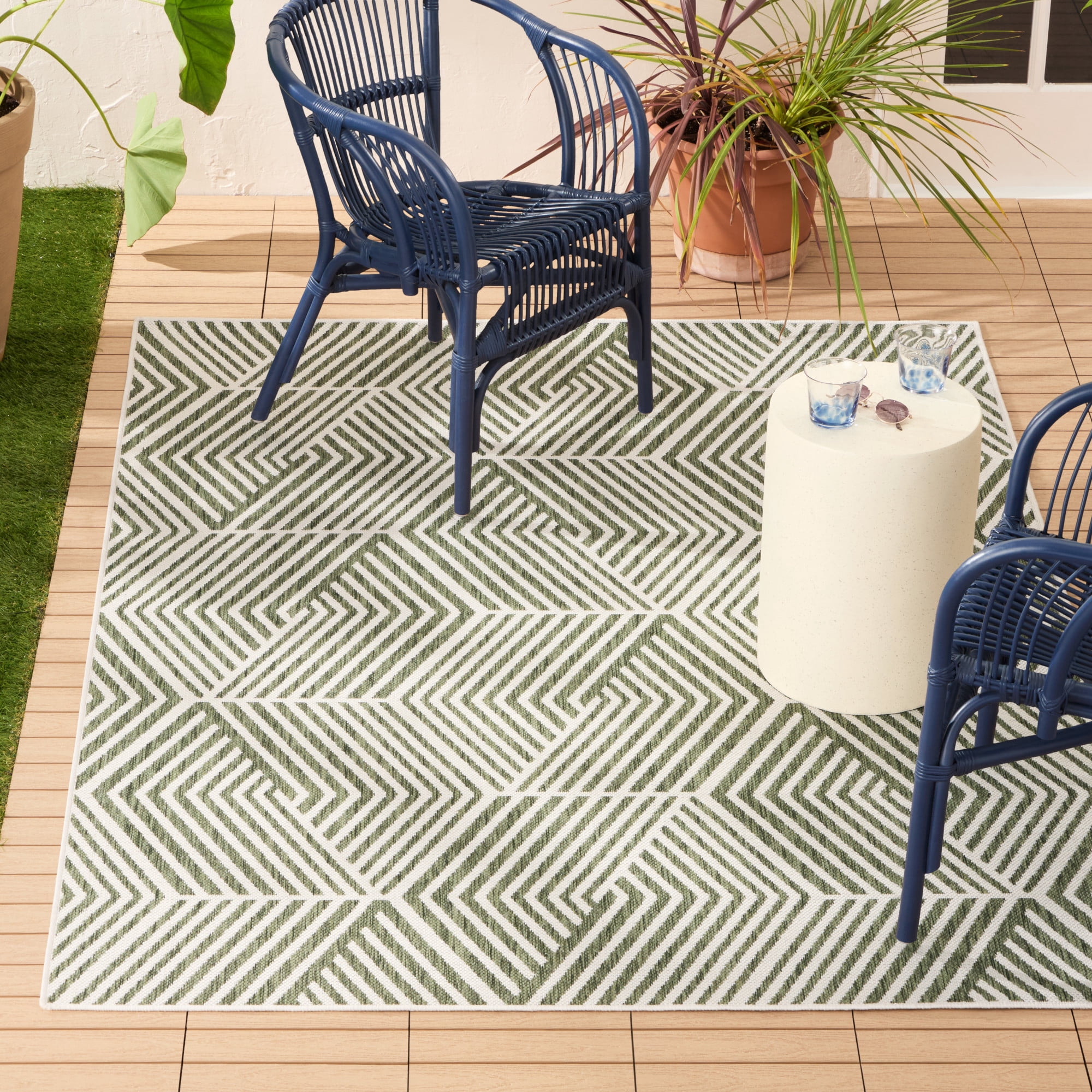 NICOLE MILLER NEW YORK Patio Country Ombre Geo Indoor Outdoor Area Rug, UV Fade Resistant, Low Pile, Green/Cream, 7'9"x10'2"