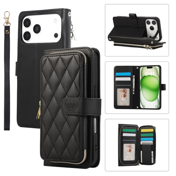 Becova Case for iPhone 18 Pro with Shoulder Strap & Wrist Strap, Built-in Cash Slot Stand PU Leather Wallet Phone Case Non-Slip Anti-Fingerprint Shockproof Protective Back Cover, Black