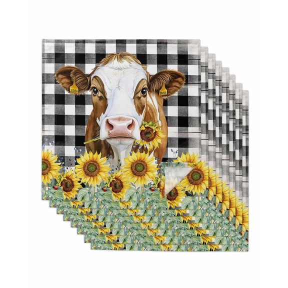 Farmhouse Cow Cloth Napkins Set of 8 Reusable Dinner Napkins, Vintage Country Sunflower Black Buffalo Plaid Cocktail Napkin Washable Table Napkins for Wedding/Holiday Party/Baby Shower 20"x20"