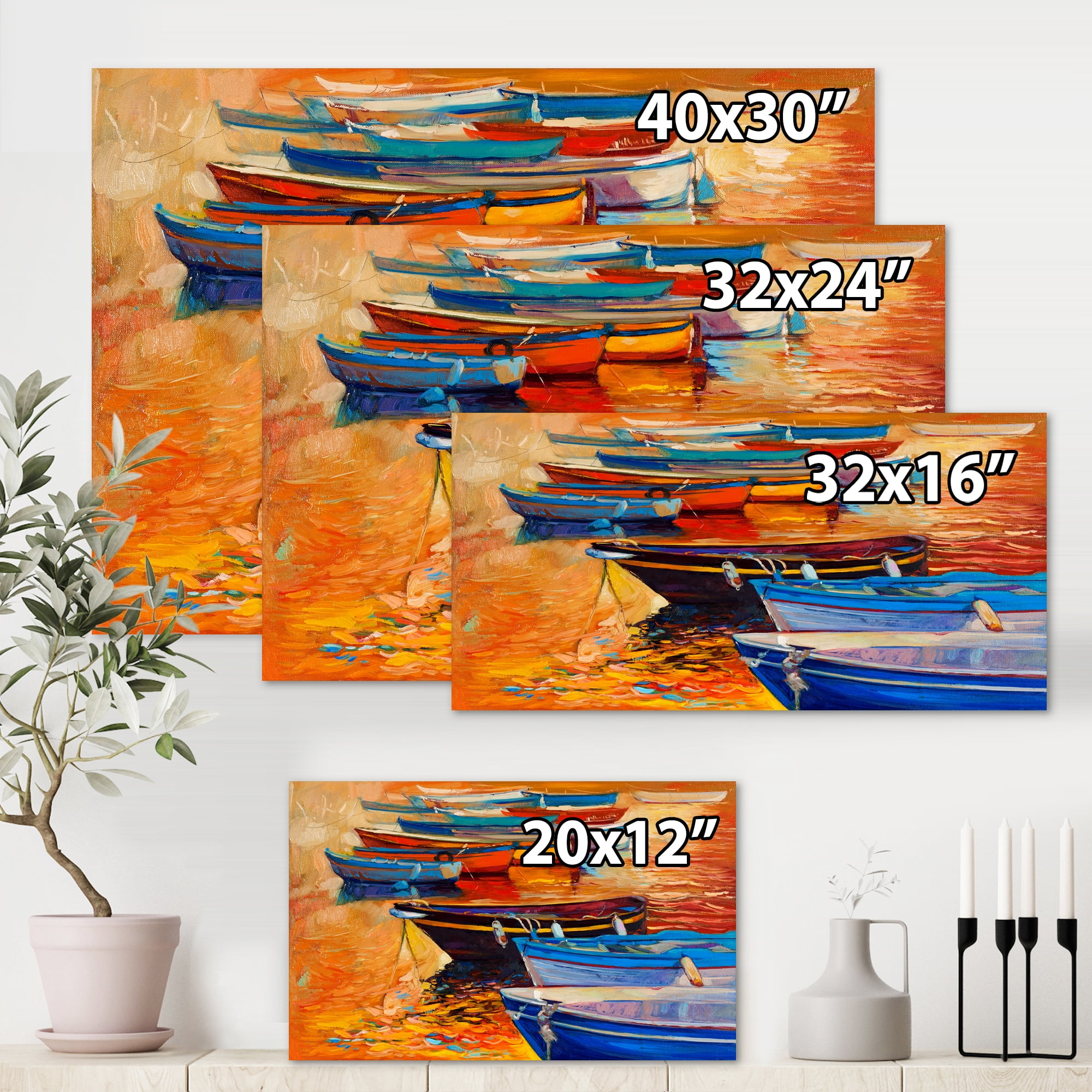 Designart ' Boats During Warm Colourd Sunset In The Harbor I ' Nautical & Coastal Canvas Wall Art Print