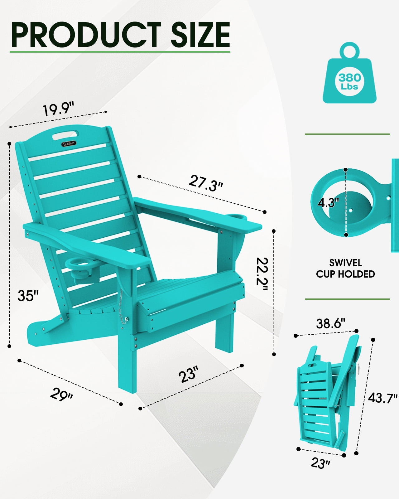Folding Adirondack Chair Set of 2 Outdoor Fire Pit Chairs HDPE All-Weather with Cup Holder Patio Garden Blue