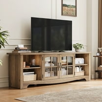 LINSY HOME Modern Farmhouse TV Stand for TVs up to 75", Home Entertainment Center with Storage Cabinet and Adjustable Shelves, Brown