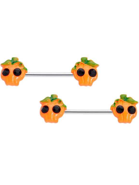 14G Womens Nipplerings Piercing 316L Steel 2Pc Orange Jack O Lantern Pumpkin Nipple Ring Set 5/8"