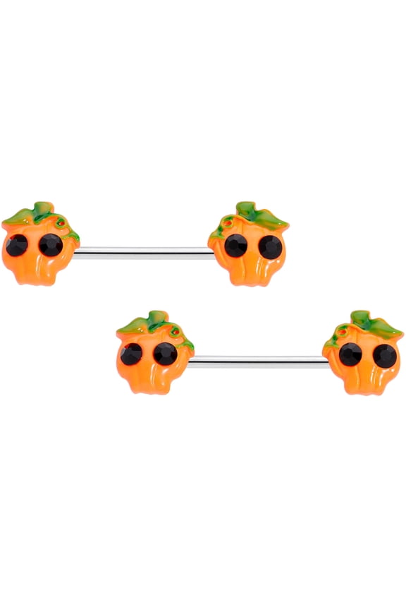 14G Womens Nipplerings Piercing 316L Steel 2Pc Orange Jack O Lantern Pumpkin Nipple Ring Set 5/8"