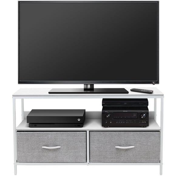 Sorbus TV Stand Cabinet Entertainment Center 25-50 Inch - Living Room Media Console Table, Steel Frame, Wood Top, Fabric Bins (White)