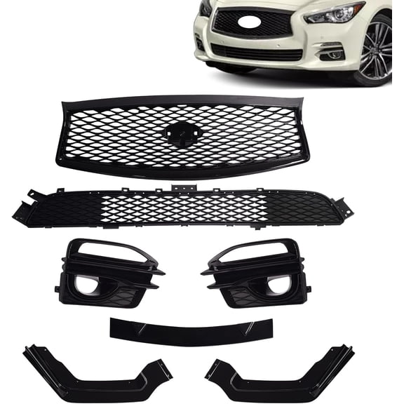 JX RACING Upper Lower Front Grille Fog Light Cover Bumper Lip Kit W/O Camera Hole Compatible with 2014 2015 2016 2017 In-finiti Q50 Sport