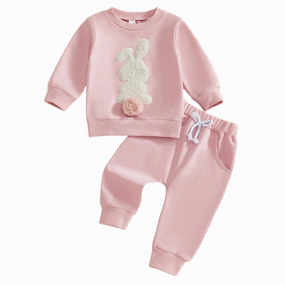 mgoYE Toddler Baby Girl Easter Outfit Embroidery Sweatshirt Pants Set Spring Fall Easter Clothes(Pink,18-24 Months)