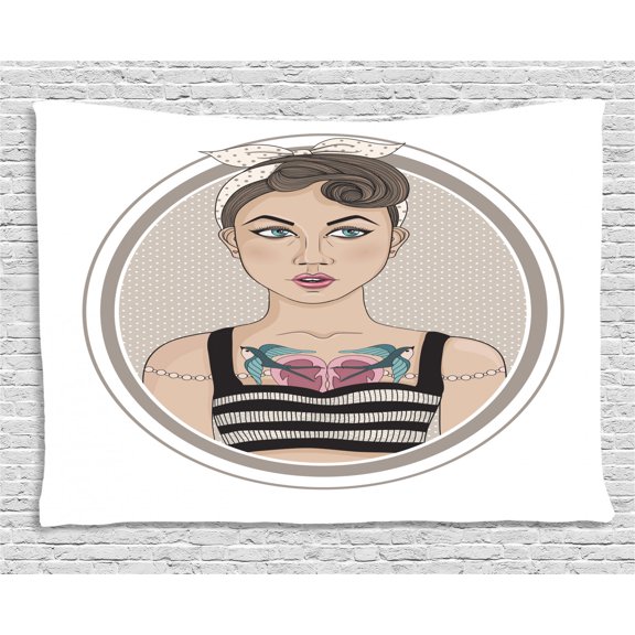 Pin up Girl Tapestry, Rockabilly Style Rebel Girl with Bird Tattoos on Her Chest Oval Framed Design, Wall Hanging for Bedroom Living Room Dorm Decor, 80W X 60L Inches, Multicolor, by Ambesonne