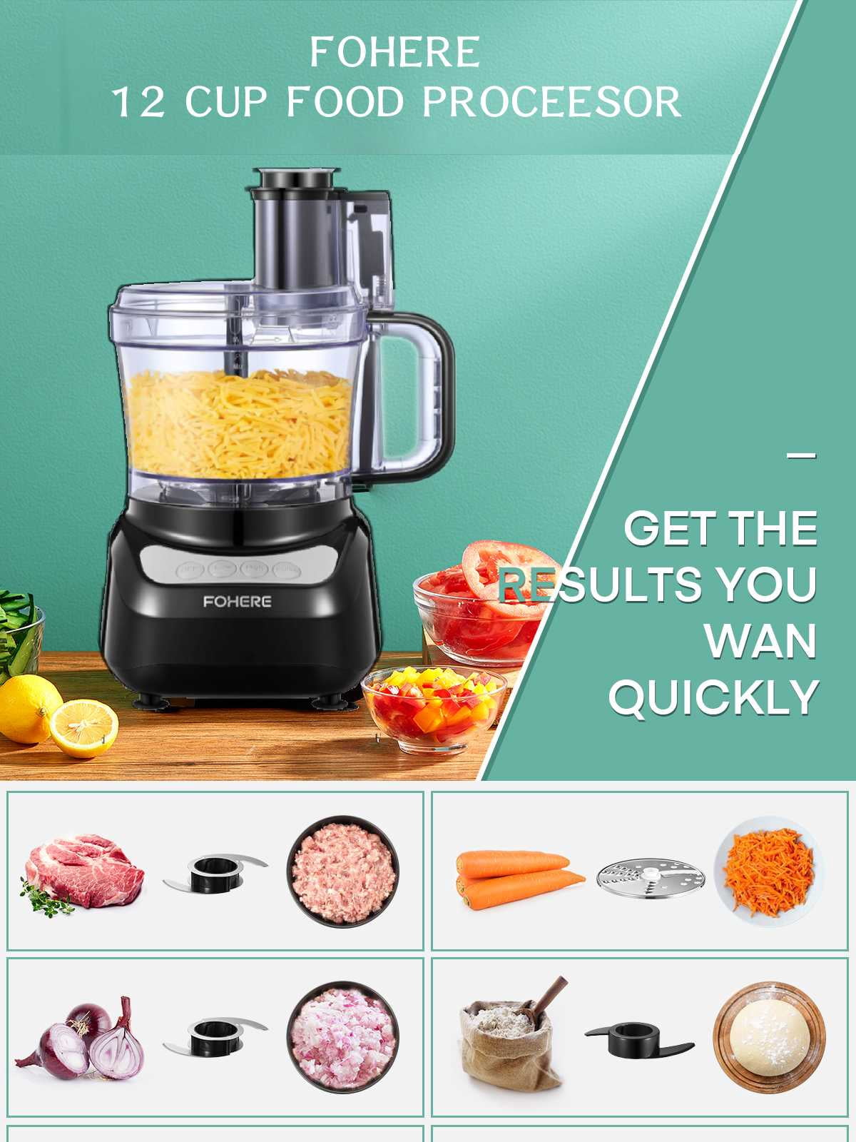 Food Processor, 12 Cup, 2-in-1 Feed Chute Food Chopper & Meat Grinder, 500 W Upgarde Motor