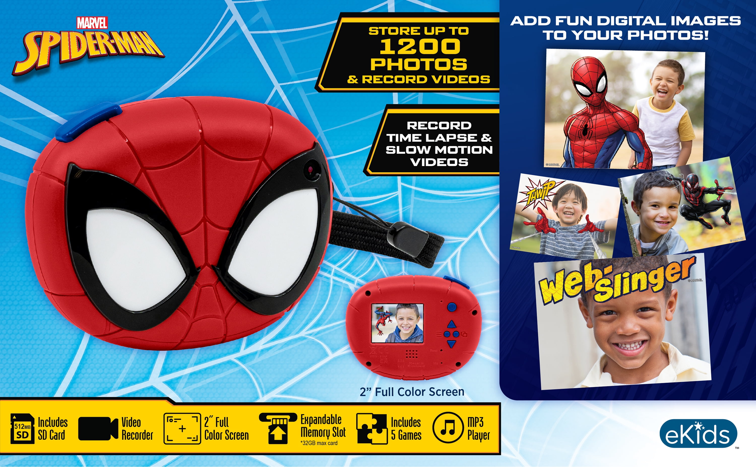 ekids Spiderman Kids Camera with SD Card, Digital Camera for Kids with Video Camera and Built-in Digital Stickers