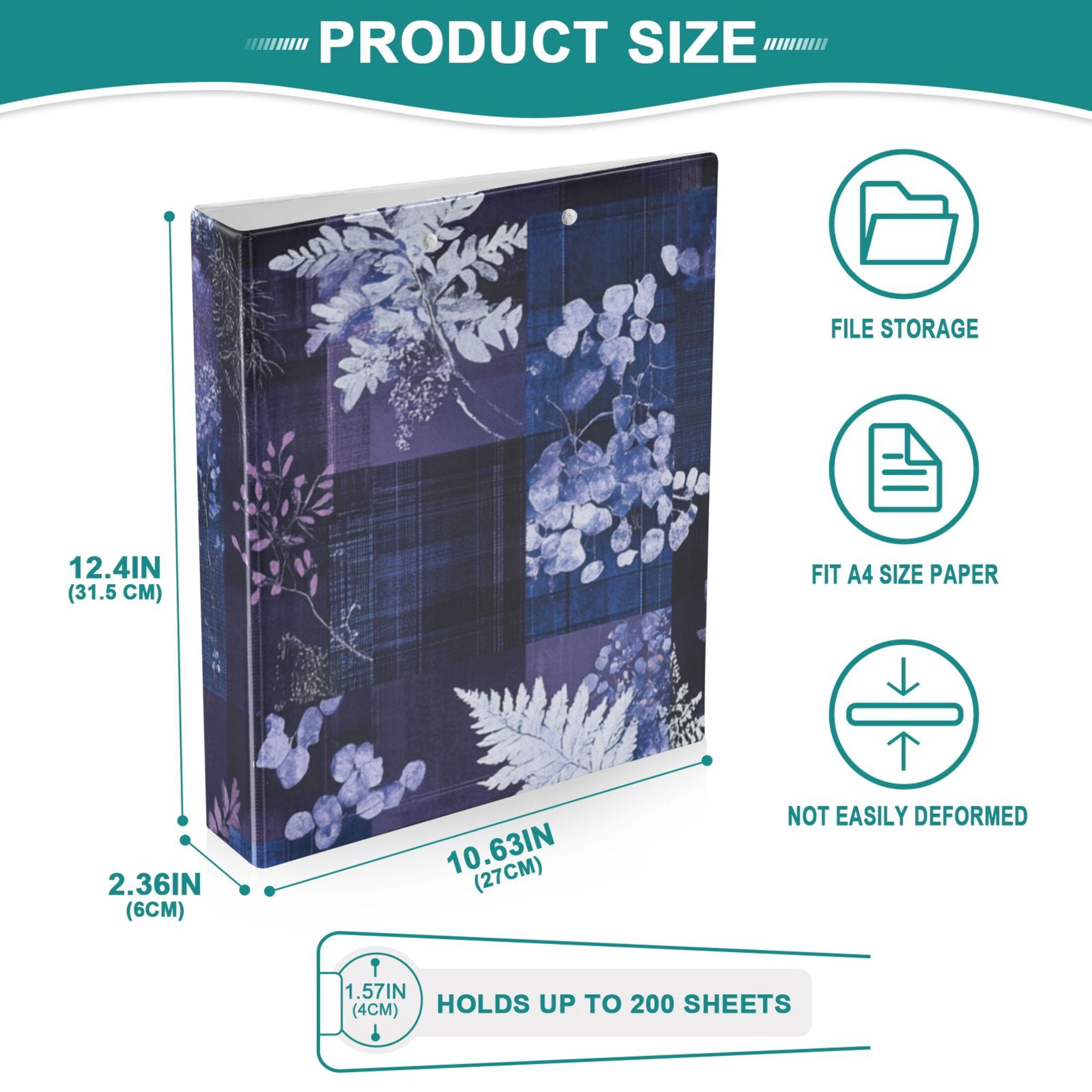 Purple and Blue Winter Leaves 3 Ring Binders 1.5 inch Hardcover File Folders with Interior Pockets A4 Size Organizer for School Office Hospital Set of 2