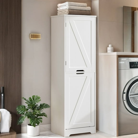 ModFusion 53" Tilt Out Laundry Hamper Cabinet, Laundry Hamper with Adjustable Shelf and Storage Basket, White