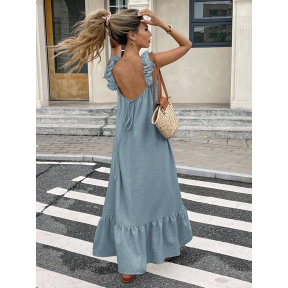 Blue Womens Sleeveless Ruffle Hem Maxi Dress With Open Back And Tie Detail