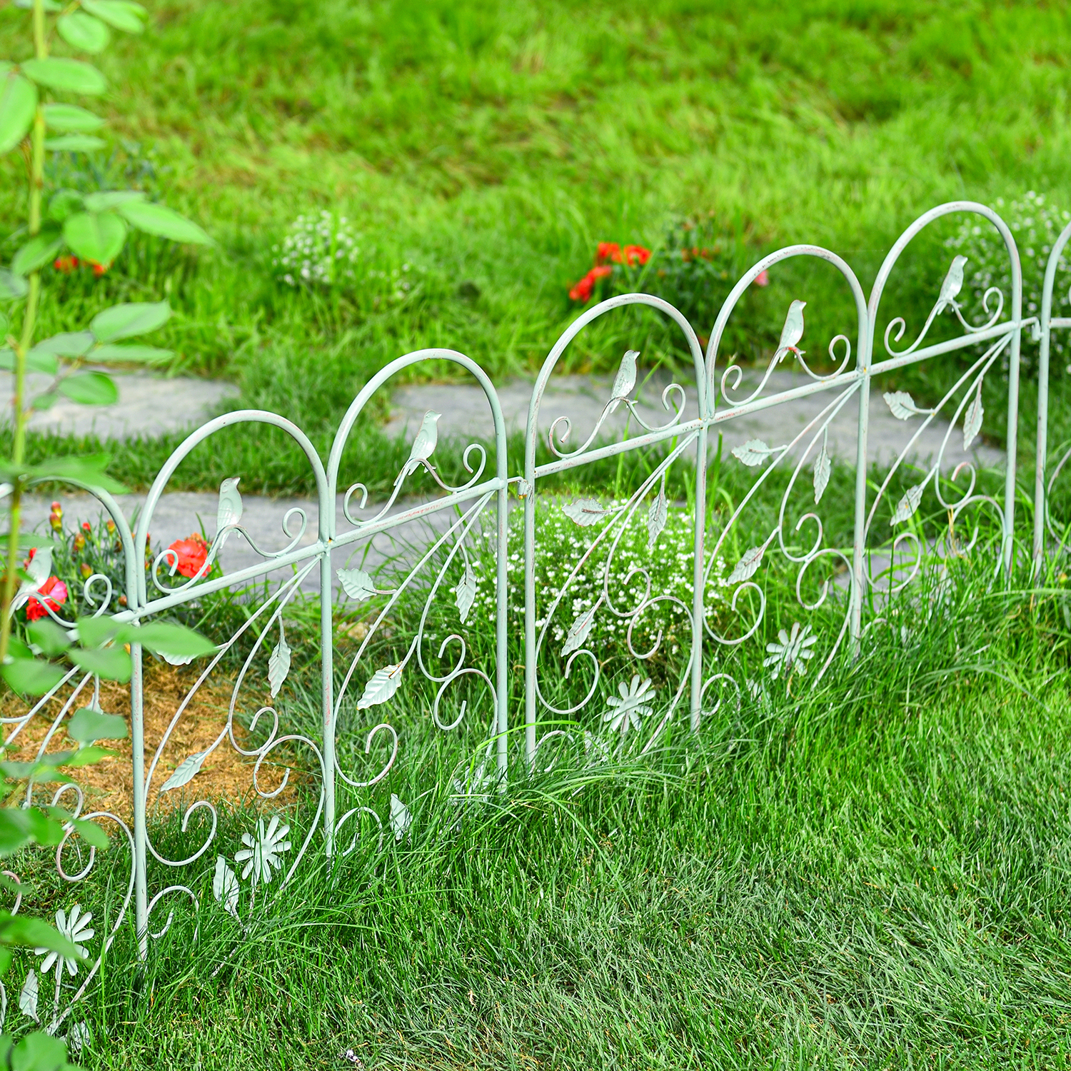 Sungmor Rustic Garden Edging Border, Wrought Iron Picket Fence Panels Decorative Landscape, Green, 4-Piece