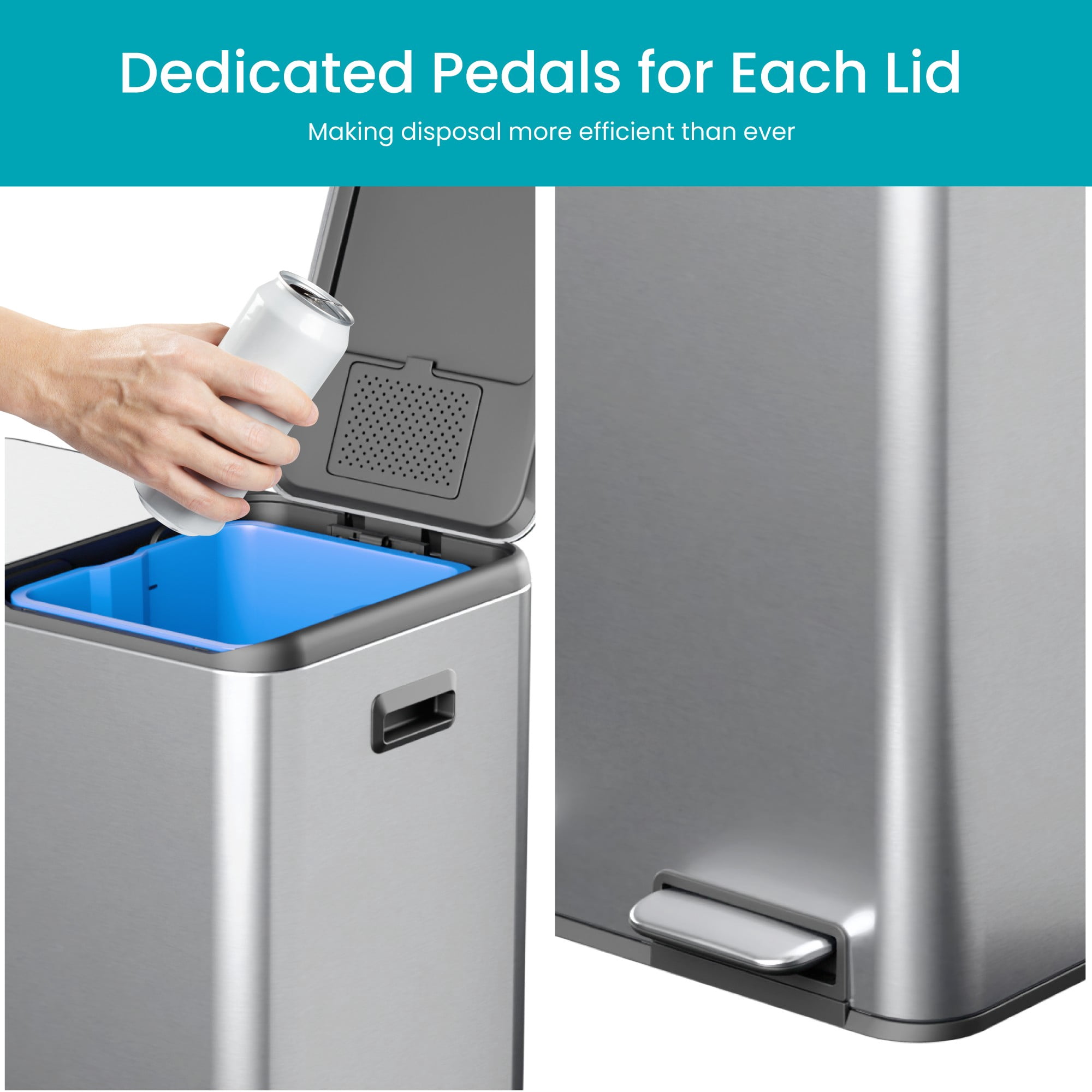 Home Zone Living 16 Gallon Stainless Steel Dual Trash and Recycling Can with Removable Liners and Soft Close Lids, Silver