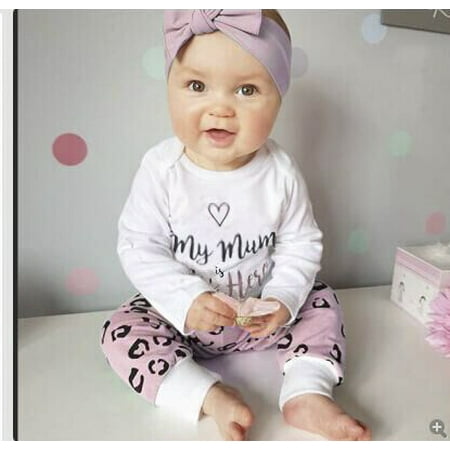 

Newborn Baby Boys Girls Clothes Sets Letter Print Long Sleeve Romper Leopard Pants Headband