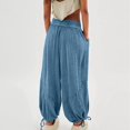 thumbnail image 6 of Womens Casual Loose Fit Wide Leg Cotton Pants Drawstring Stitching Baggy Pants Trousers with Pockets Blue L, 6 of 9