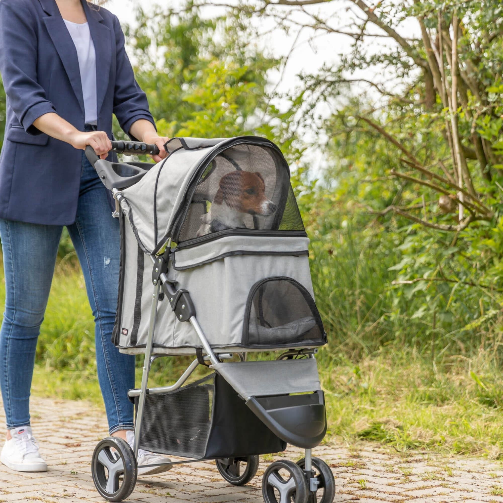 TRIXIE 3-Wheeled Foldable Dog & Cat Stroller with Canopy and Storage Compartments, Gray