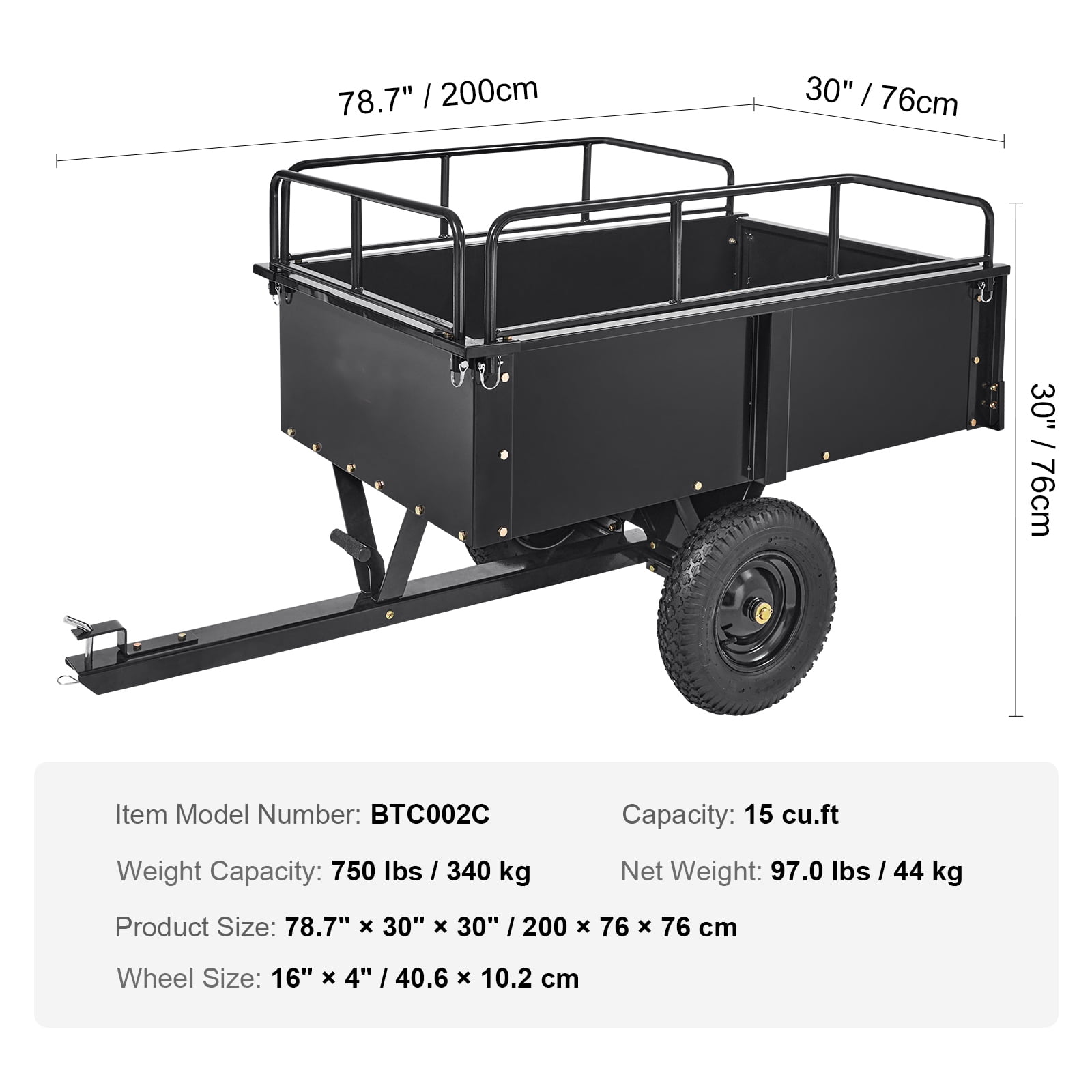 KFFKFF Garden Utility Trailer, 15 Cu.ft & 750 lbs Capacity, Heavy Duty Steel Dump Cart with Detachable Sides for Lawn Mower, Tractor