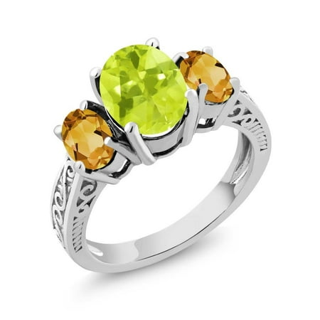 - 2.45 Ct Oval Yellow Lemon Quartz Citrine 925 Sterling Silver 3-Stone Ring