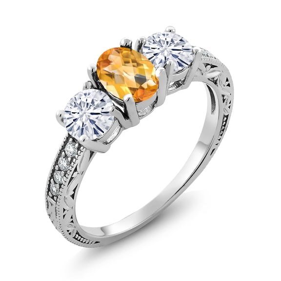 Gem Stone King 925 Sterling Silver 3-Stone Ring Checkerboard Citrine Moissanite(1.85 Cttw) (Size 9)