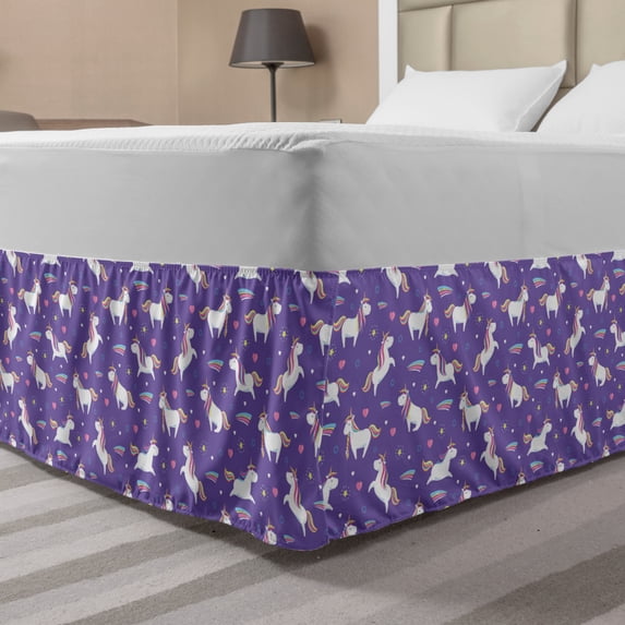 Fantasy World Bed Skirt, Dreamy Unicorns Pattern with Rainbow Mane, Elastic Bedskirt Dust Ruffle Wrap Around for Bedding Decor, 4 Sizes, Blue Violet Multicolor, by Ambesonne
