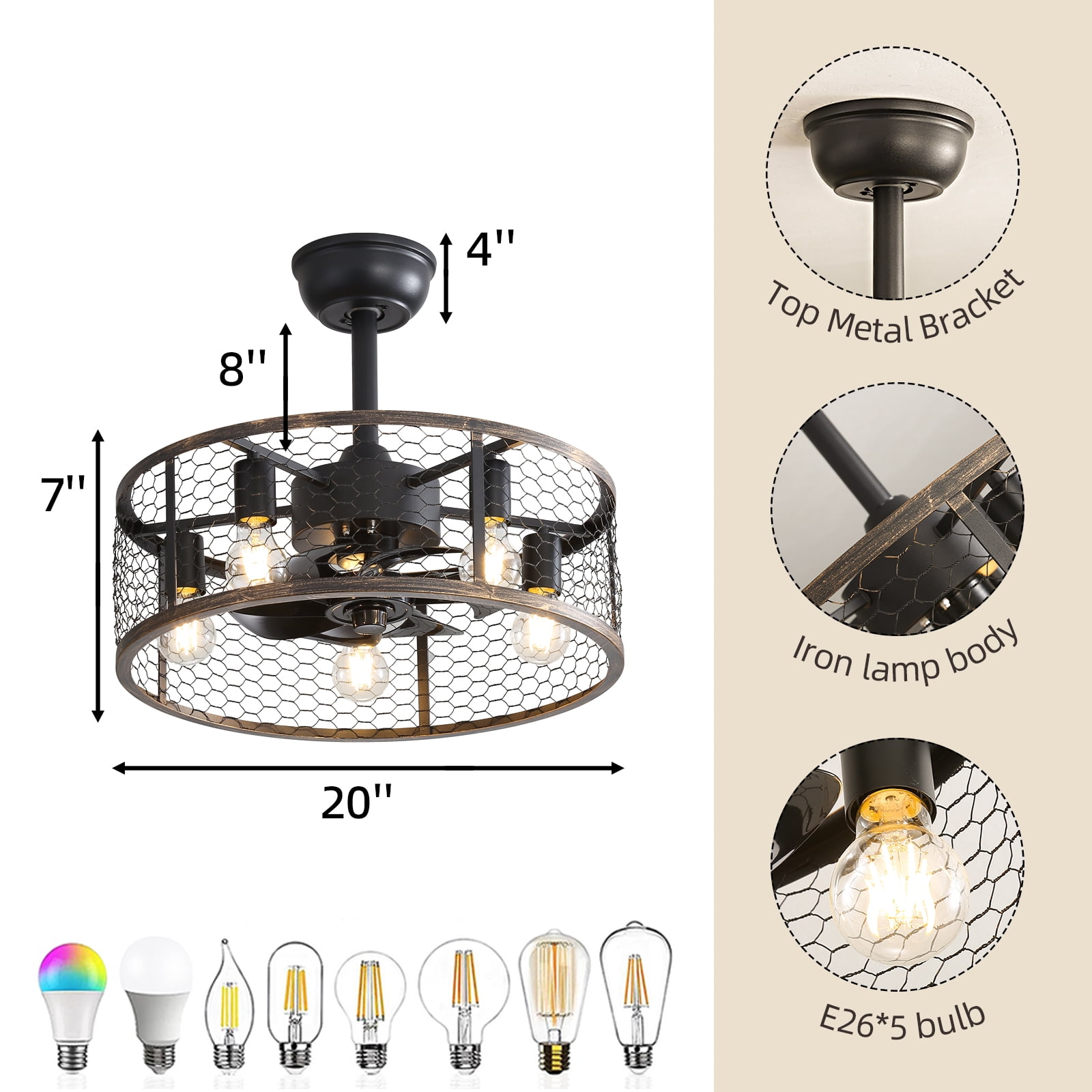 Mintazer 19.7 inch Caged Ceiling Fan with Light, Black Farmhouse Ceiling Fan for Kitchen, Living Room, Home
