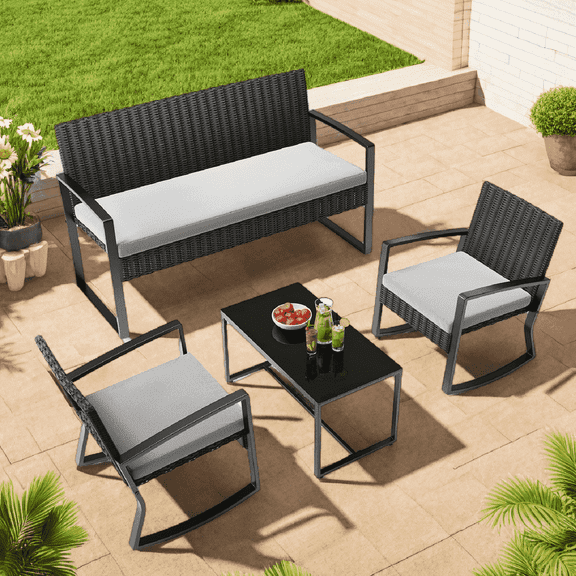 Lofka 4 Pieces Patio Furniture Set, Outdoor Sectional Furniture Set with Rocking Chairs, Rattan Loveseat, Glass Bistro Coffee Table, Removable Cushion, Durable UV-Resistant, Ergonomic