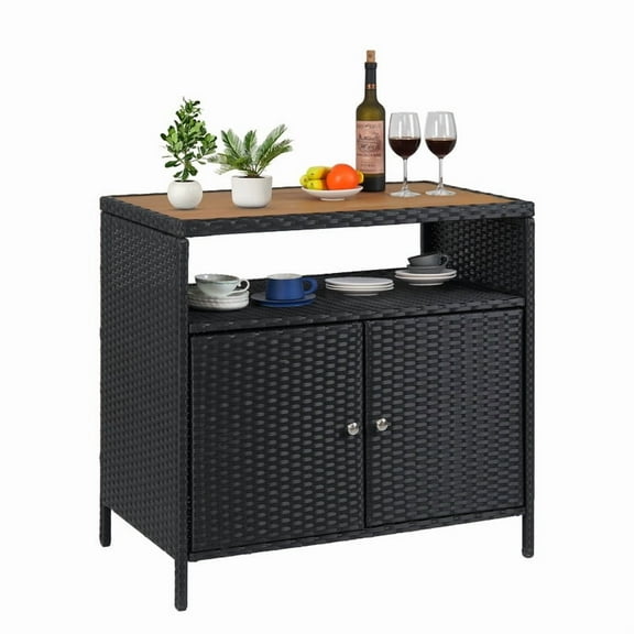 Towallmark Outdoor Storage Cabinet, Weatherproof Rattan Bar Table With Two Doors, Wicker Patio Storage Box For Poolside Backyard Garden