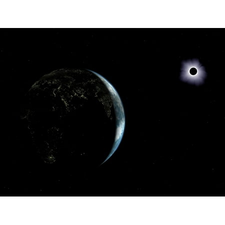 Illustration of the city lights on a dark Earth during a solar eclipse Poster