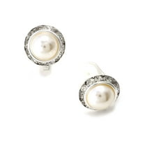 Silver Crystal Rhinestone Round Shaped Clip Earrings with White Dome Pearl