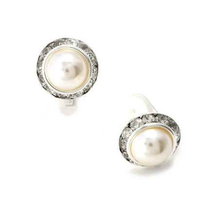 Silver Crystal Rhinestone Round Shaped Clip Earrings with White Dome Pearl