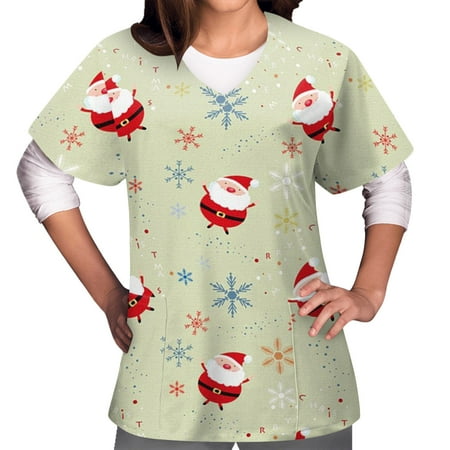 

Womens Scrub Tops Christmas Printed Short Sleeve V Neck Uniforms Workwear Scrubs Fun Patterned Tshirts Scrub Tops